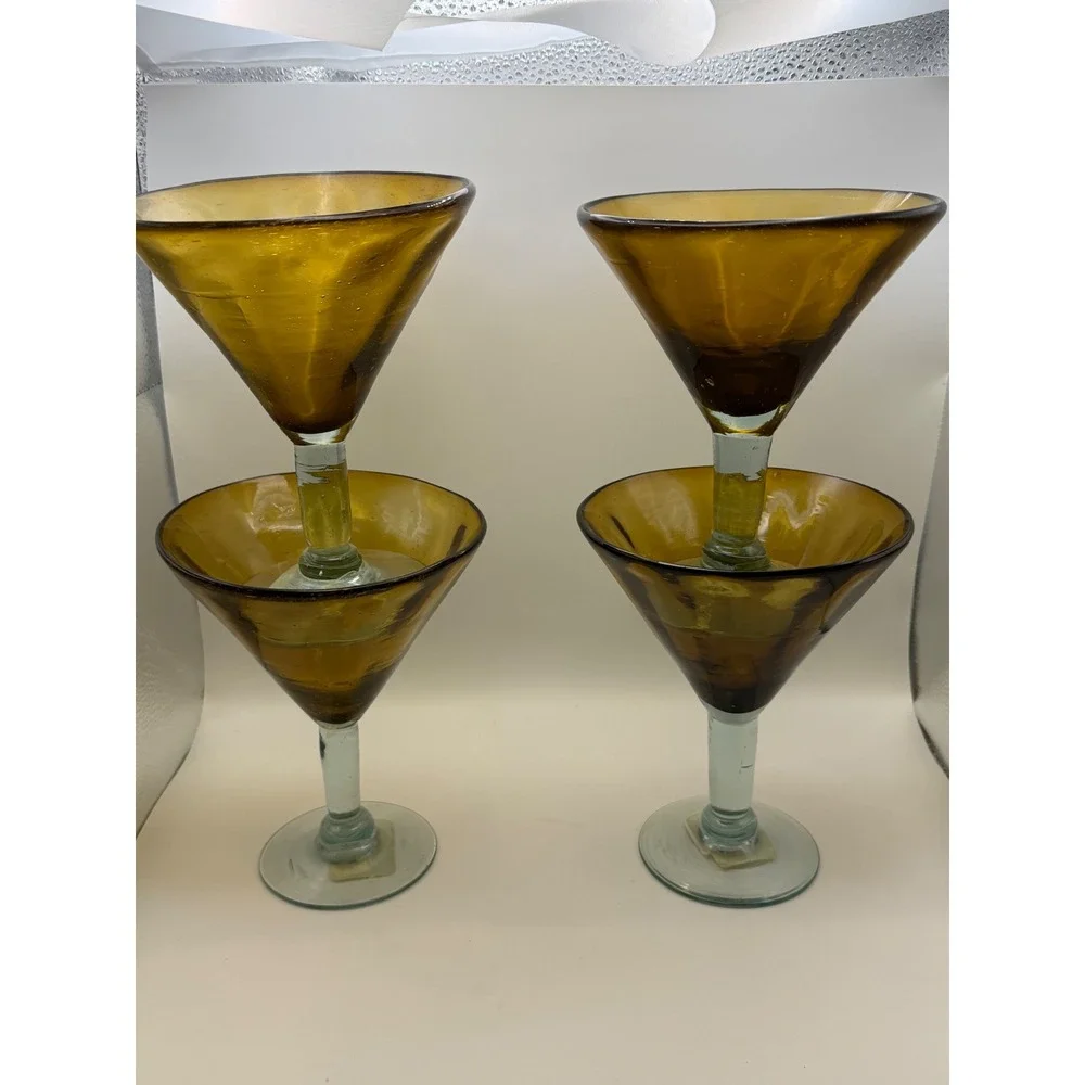Hand Blown Amber Mexican Glass Martini Glasses Clear Stem‎ Seeded Glass Set of 4